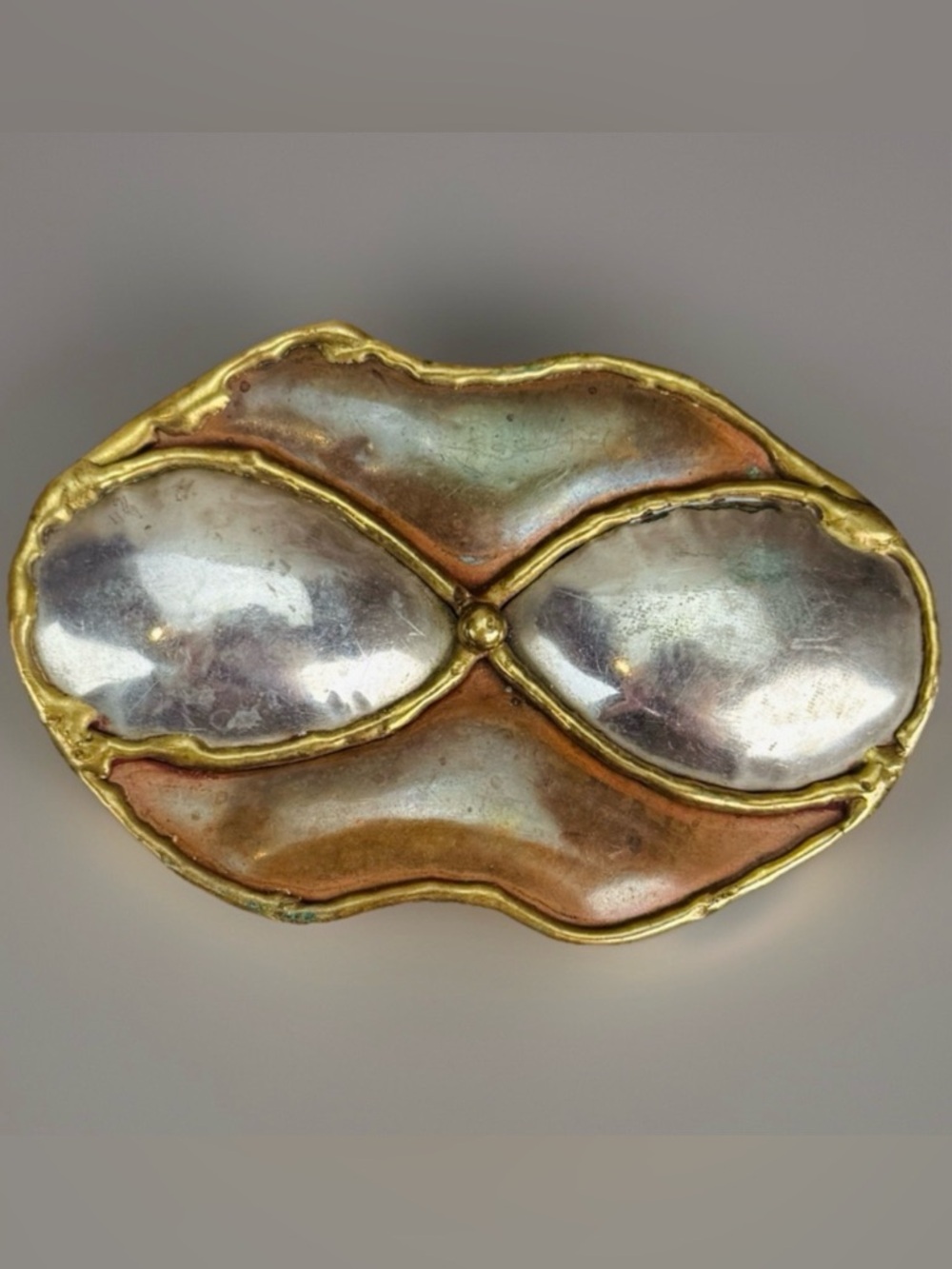 Vintage 1970s modernist brutalist belt buckle mixed metals of bronze, copper